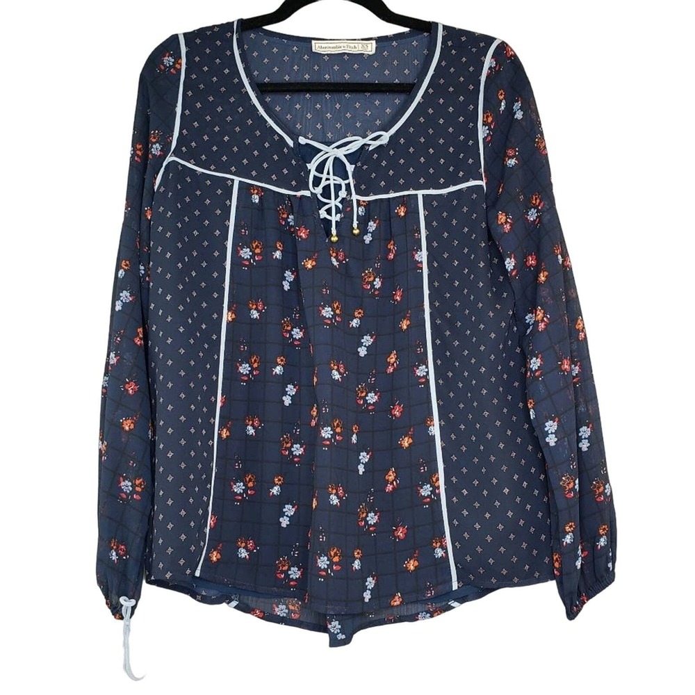 Abercrombie Fitch Blouse Womens XS Navy Floral Peasant Boho Y2K Cottagecore